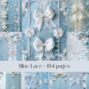 Blaue Spitzenseiten für Scrapbooking und Junk Journal, druckbare Bilder, Vintage-Spitze, Stoffstruktur, Satin, Seide, Schleifen und Perlen