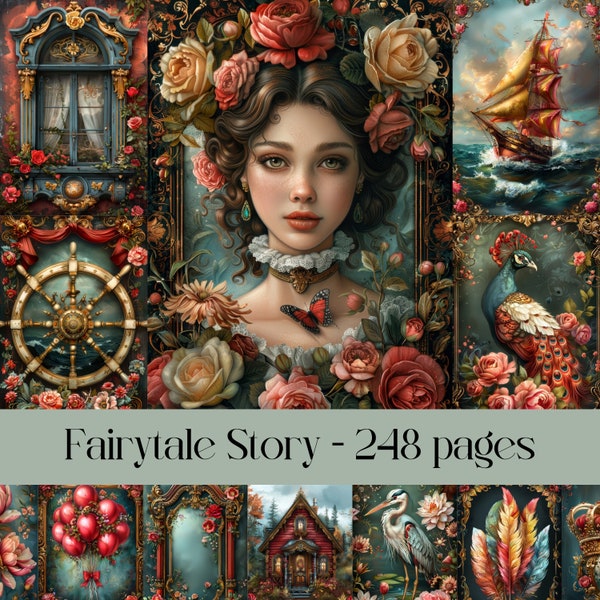 Fairytale Story pages for scrapbook and junk journal, fantasy images, floral, animals, borders, enchanted garden, romantic, printable paper