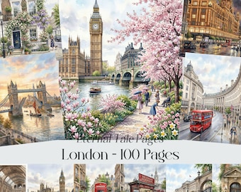 Digitaal papier Londen, vintage Londense achtergronden, plakboekpapier British City, afdrukbaar aquarel reispakket