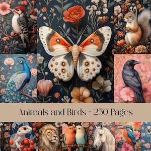 Dieren- en vogelspagina's, digitaal papier, natuur, safari, bos, bloemen, jungle, junkjournal, scrapbooking, afdrukbaar, bloemendieren