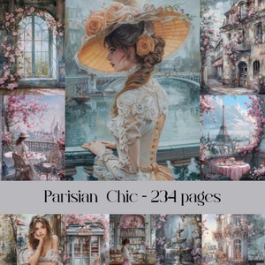 Parisian Chic Seiten für Scrapbook und Junk Journal, Paris, Vintage, romantisch, digitales Papier, Blumen, französisches Thema, Mode, Gebäude