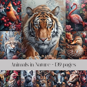 Aquarelles animaux dans la nature, journal indésirable, papier de scrapbooking, papier numérique, safari, animaux sauvages, animaux de la ferme, papier imprimable