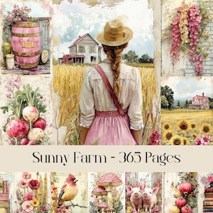 Sunny Farm Pages, junkjournaal, digitaal papier, boerenleven, leven op het platteland, natuur, boerderijdieren, oogst, planten, bloemen, afdrukbaar