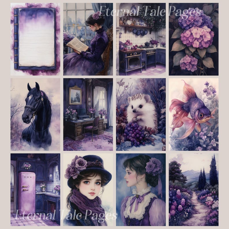 May include: A collage of images featuring a purple theme. The images include a book, a horse, a hedgehog, a goldfish, a woman in a purple dress, a kitchen, a room with a desk, and a path through a forest.