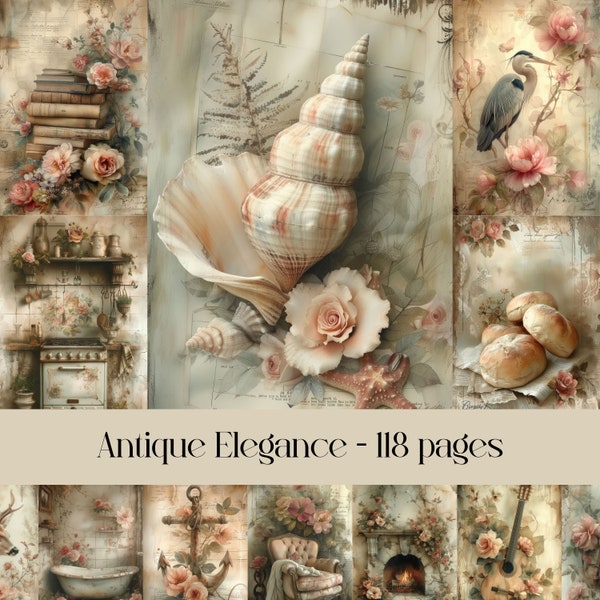 Pages de journal antiques Elegance Junk, shabby chic, pages de collage, éphémères numériques, éphémères vintage, scrapbooking, papier de découpage