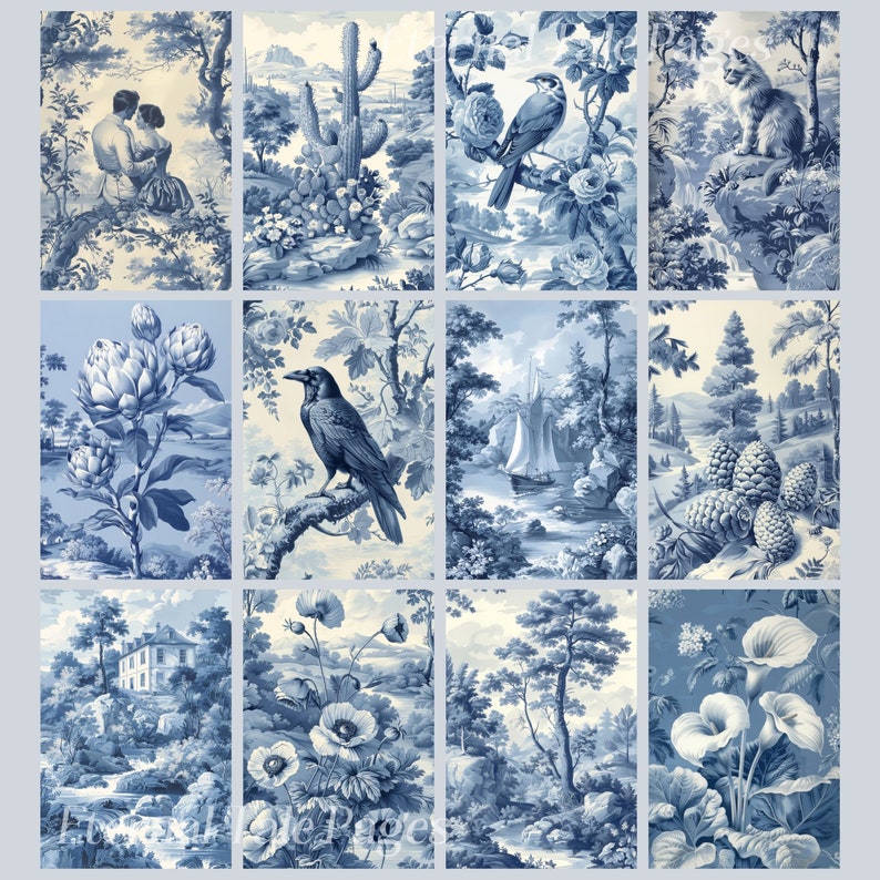 May include: A collage of nine blue and white patterned tiles featuring various nature scenes. The tiles depict a couple, a cactus, birds, a cat, a raven, a river, pine cones, flowers, and a garden.