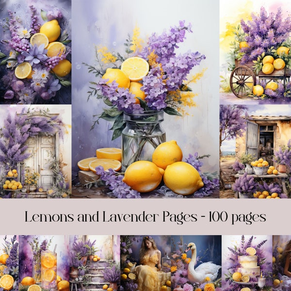 Lemons and Lavender Junk Journal Pages, scrapbook printable paper, digital paper, purple and yellow theme, floral pages, printable images
