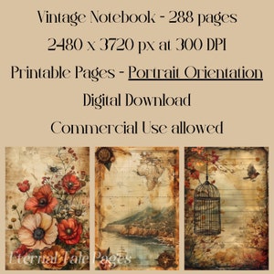 Puede incluir: Tres p&aacute;ginas imprimibles de estilo vintage para un cuaderno. La primera p&aacute;gina presenta un dise&ntilde;o floral con amapolas rojas y flores blancas. La segunda p&aacute;gina presenta un mapa del mundo vintage. La tercera p&aacute;gina presenta una jaula para p&aacute;jaros con un p&aacute;jaro volando.