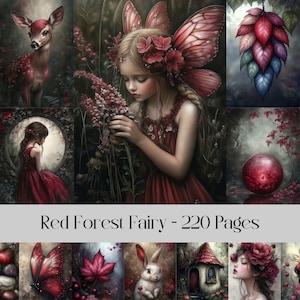 Pages de fées de la forêt rouge, papier numérique, fantaisie, forêt, journal indésirable, papier de scrapbooking, enchanté, magie, maison de fée, fleurs, imprimable