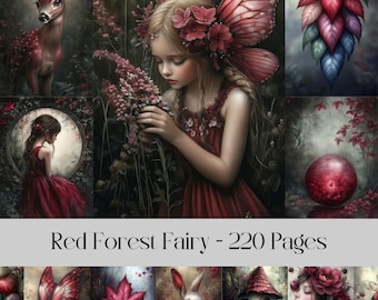 Red Forest Fairy Junk Journal Seiten: Druckbares Scrapbook-Papier (digitaler Download)