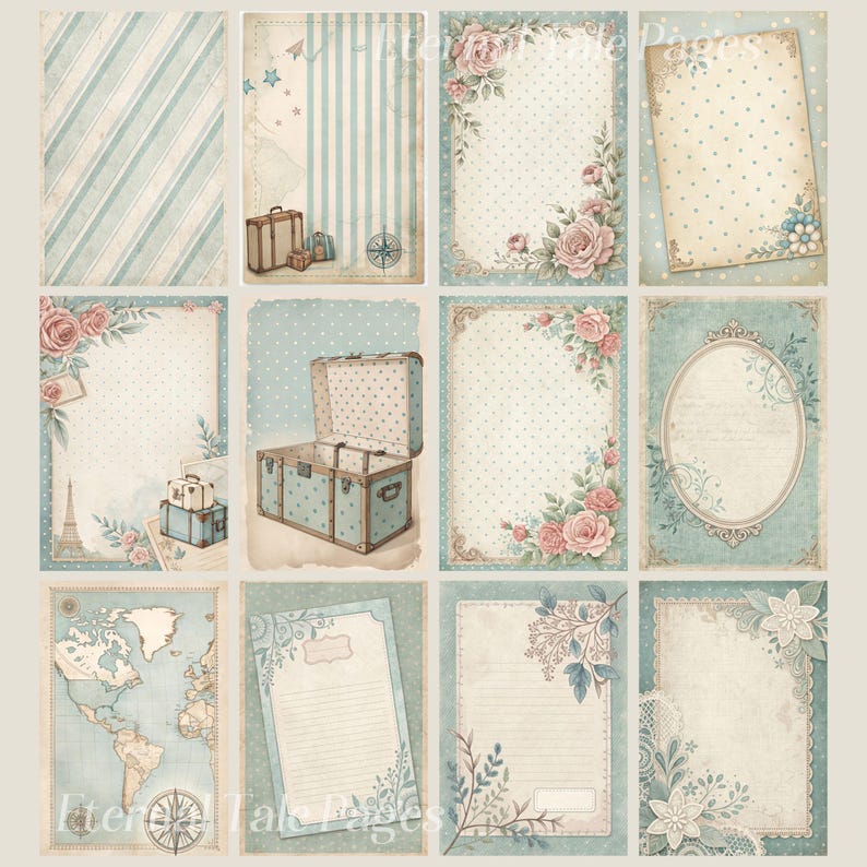 May include: A set of 12 digital printable scrapbook paper pages with a vintage travel theme. The papers feature a blue and white color scheme with polka dots, stripes, floral designs, and images of suitcases and a compass.