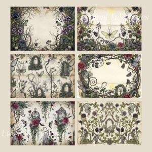 Pu&ograve; includere: Una collezione di sei carte digitali in stile vintage con temi gotici e fantasy. Ogni design presenta composizioni floreali ornate, farfalle, porte ad arco e figure simili a fate in una palette di colori tenui di verdi, viola e crema.