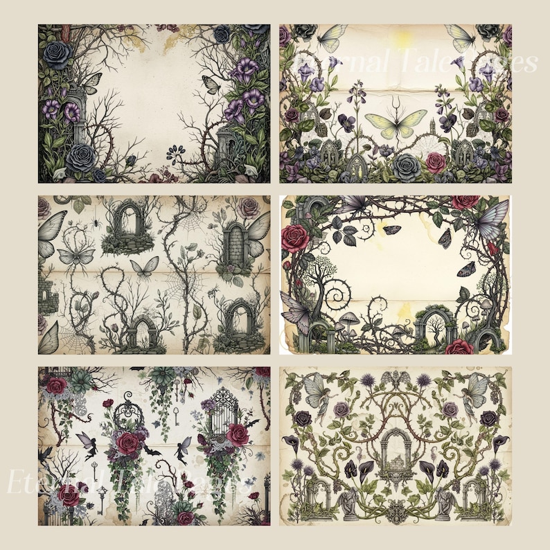Pu&ograve; includere: Una collezione di sei carte digitali in stile vintage con temi gotici e fantasy. Ogni design presenta composizioni floreali ornate, farfalle, porte ad arco e figure simili a fate in una palette di colori tenui di verdi, viola e crema.