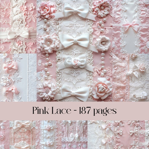 Pink Lace images for Scrapbooking and Junk Journal, Digital paper, printable paper, lace border, lace with bows and pearls, fabric texture