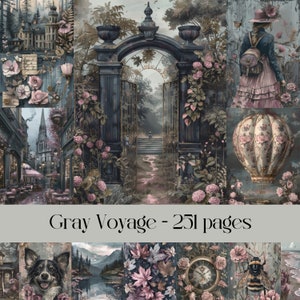 Pagine Gray Voyage per scrapbooking e diari spazzatura, carta digitale, tema viaggio, natura, fiori, grigio e rosa, effimere vintage, immagini