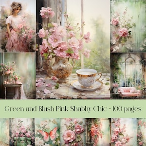 Pages de journal indésirable vert et rose poudré, style shabby chic, images de scrapbooking, collage, éphémères, papier numérique, illustrations imprimables