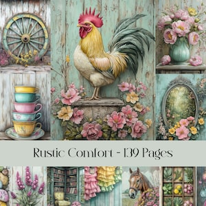 Rustikaler Komfort, Junk Journal, digitales Papier, Scrapbooking, grün, gelb, Blumen, Cottagecore, Cottagecore, Natur, Blumen, Tiere, Vintage