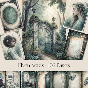 Elven Notes-pagina's, digitaal papier, junkjournal, plakboekpapier, bos, bloemenpagina's, groen, perkament, fantasie, magie, hekserij, occult