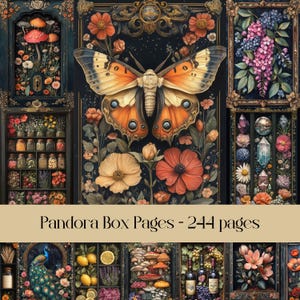 Conjunto de caixa de Pandora, papel digital, papel para scrapbook, diário de lixo, caixas, recipientes, cristais, flores e borboletas, natureza, cogumelos