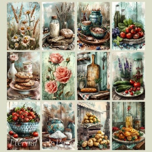 May include: A collection of watercolor paintings featuring rustic kitchen scenes. Images include daisies, bread, milk, roses, tomatoes, cucumbers, potatoes, and a roasted chicken. The style is reminiscent of vintage farmhouse decor.
