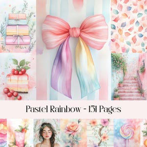 Pastel Rainbow, digitaal papier, junkjournal, zachte kleuren, zonnig, zomer, eten, achtergrondpapier, botanisch, bloemen, afdrukbare afbeeldingen