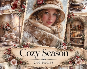 Puede incluir: Un libro de 240 páginas titulado Cozy Season que presenta un collage de escenas invernales que incluyen a una persona con gorro y bufanda de punto, un muñeco de nieve, un búho, una bola de nieve y un juego de té.