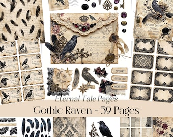 Gothic Raven Junk Journal Kit, dunkle Academia Ephemera, Vintage Crow druckbare, gruselige Hexerei Seiten