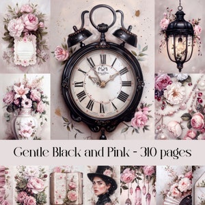 Pages noires et roses douces pour scrapbooking et journal indésirable, papier numérique, images imprimables, shabby chic, aquarelle, éphémères vintage