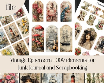 Vintage Ephemera Kit: 309 Junk Journal Elements (Printable PDF)