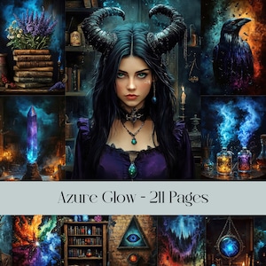 Pagine Azure Glow, dark academia, carta digitale, diario spazzatura, dark fantasy, magia, incantesimi, stregoneria, Halloween, streghe, mago, stampabile