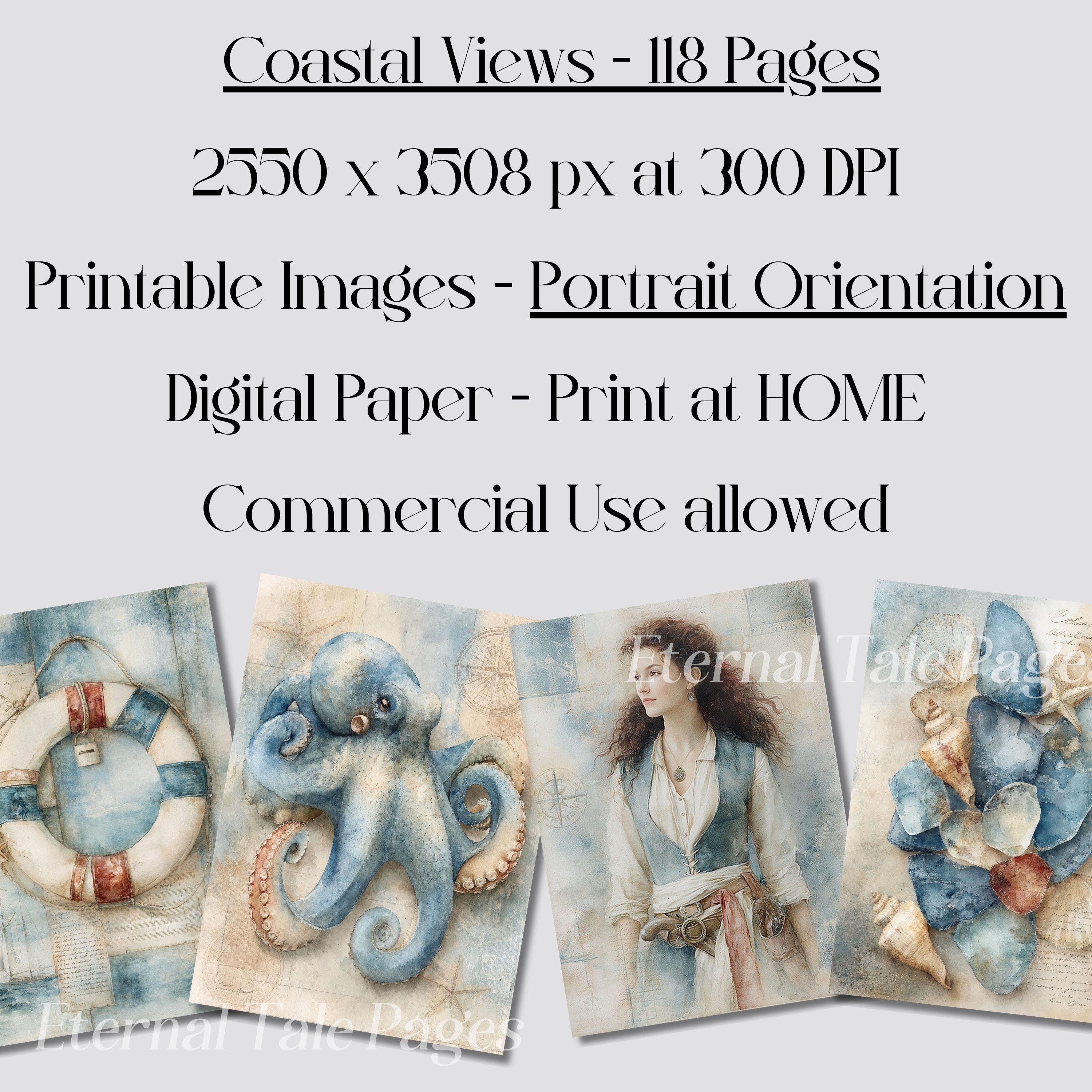Coastal Digital Paper, Vintage Nautical Scrapbook Backgrounds, Ocean ...