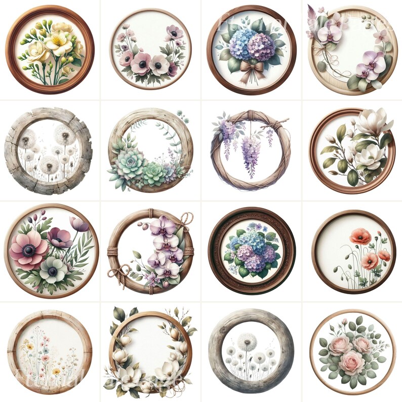 Round Floral Frames Digital Images Wooden Frames With Flowers, Rustic