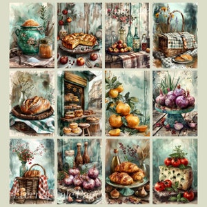 May include: A watercolor collage featuring various food items. The images include a pie, apples, bread, oranges, onions, croissants, tomatoes, and a picnic basket. The color palette is soft, with muted greens, browns, and reds, creating a rustic and inviting feel.