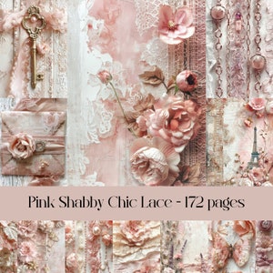 Pages roses en dentelle shabby chic, Junk Journal, papier de scrapbooking, papier numérique, papier imprimable, techniques mixtes, tissus, tulle, vintage, victorien