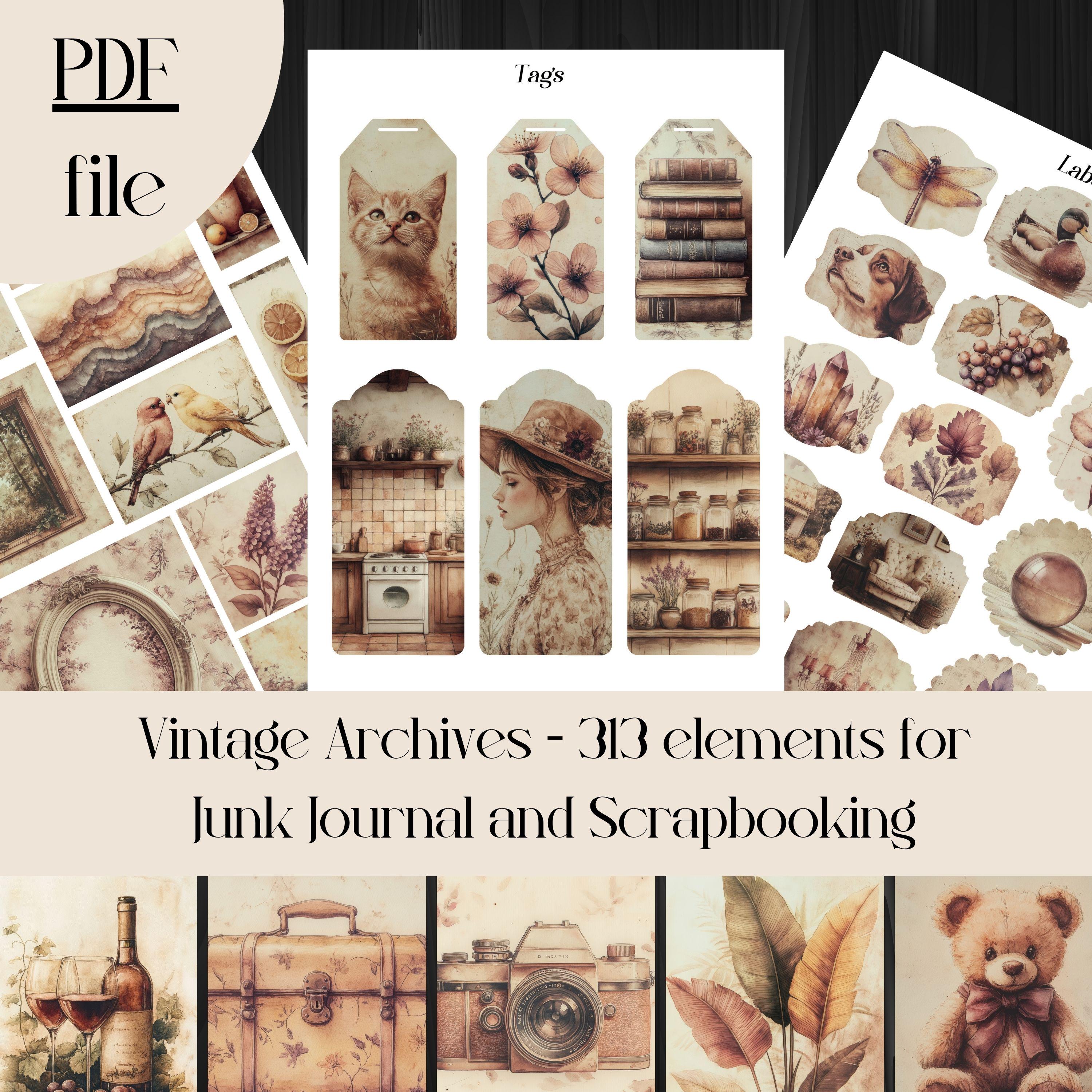 Vintage Archives Junk Journal Kit: Digital Ephemera, Labels, Tags (PDF ...