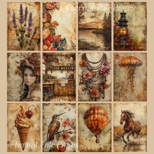 Puede incluir: Un collage de nueve im&aacute;genes de estilo vintage que presentan una variedad de temas, incluyendo una mujer con una corona de flores, una escena de cocina, un collar con flores, una medusa, un cono de helado, un colibr&iacute;, un globo aerost&aacute;tico, un caballo y una linterna. Las im&aacute;genes est&aacute;n todas en una paleta de colores c&aacute;lidos y terrosos y tienen un aspecto r&uacute;stico y antiguo.