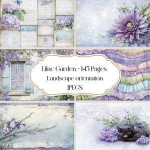 Lilas Garden Paper, papier numérique, papier de scrapbooking, nature, fleurs, shabby chic, images imprimables, orientation paysage, floral, vintage