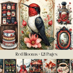 Pagine Red Blooms, carta digitale, floreale, diario spazzatura, copertina per planner, animali, nautico, viaggi, oggetti vintage, effimeri digitali, stampabile