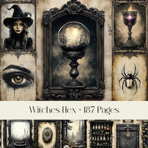 Witch's Hex Pages, digitaal papier, hekserij, occult, spookachtig, halloween, lijsten, tarotkunst, magie, fantasie, junkjournal, afdrukbare afbeeldingen