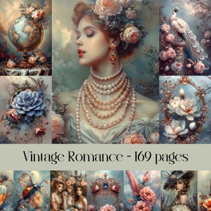 Papier numérique romantique vintage pour scrapbooking, journaux indésirables, papier imprimable, éphémère vintage, romantique, rococo, floral, cadres