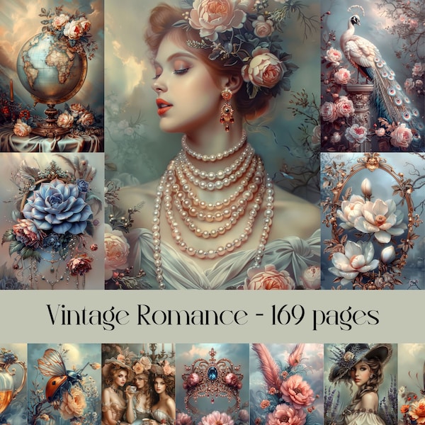 Vintage Romance Digital Paper for Scrapbooking, Junk Journals, printable paper, vintage ephemera, romantic, rococo, floral, frames