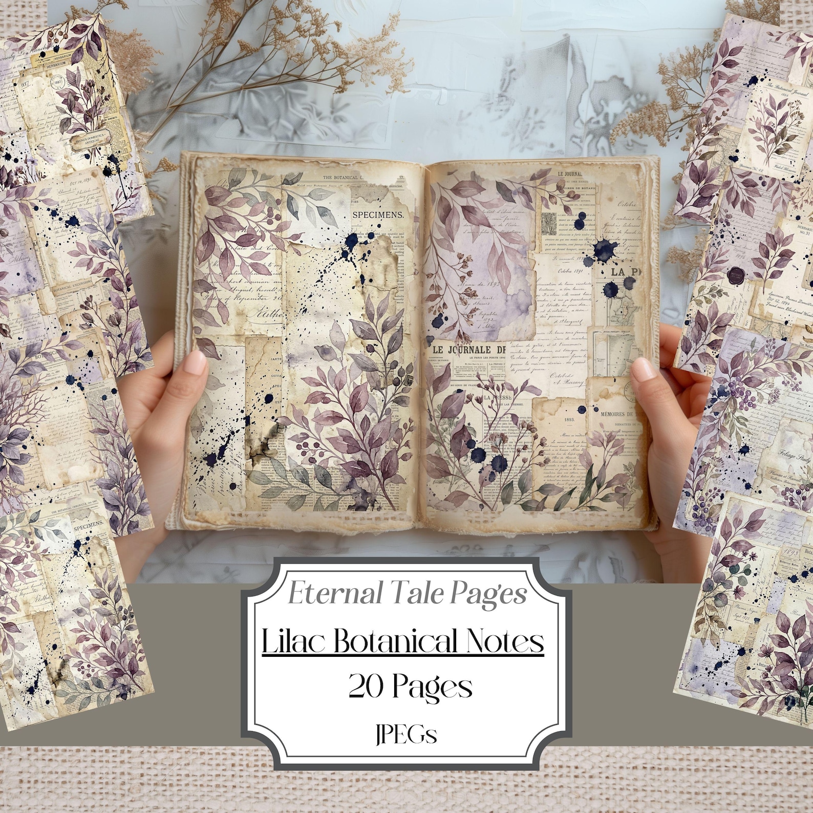 Lilac Botanical Digital Paper, Vintage Herbarium Journal Pages, Purple ...