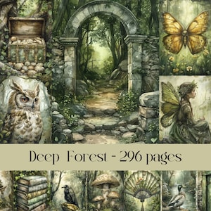 Deep Forest-pagina's voor plakboek, junkjournal, afdrukbare afbeeldingen, digitaal papier, natuur, dieren, groen, aquarelstijl, fantasie, fee