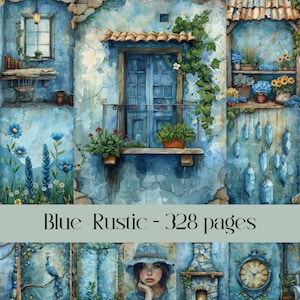 Blauwe rustieke pagina's voor plakboek en junkdagboek, digitaal papier, verweerd, oud, vintage, texturen, huisje, platteland, afdrukbare afbeeldingen