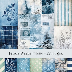 Frostiger Winter Digitales Papier, Junk Journal Hintergründe, Grungy botanische Blumen Scrapbook Seiten, Damast Muster, Streifen, blaue Papierpalette