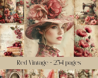 Papel rojo vintage para álbum de recortes: Collage rústico de efímeras (descarga digital)