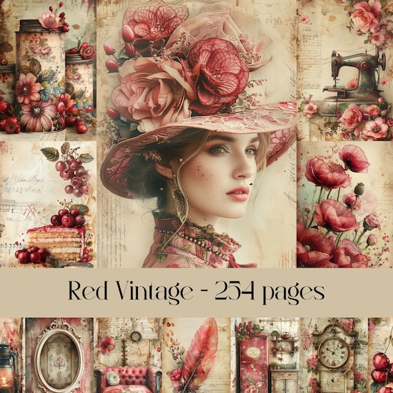 junkjournal【antique Red】 Red Vintage Pages for Scrapbook and Junk Journal, Digital