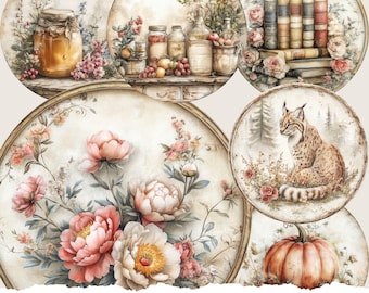 Shabby Chic Floral Round Frames: Vintage Scrapbook Embellishments (Digital)