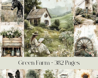 May include: A collage of images depicting a green farm with a white farmhouse, a windmill, a horse, a woman reading a book, a wheel, a dog, a willow tree, vegetables, a tractor, and a sunflower. The text "Green Farm - 382 Pages" is displayed at the bottom of the collage.