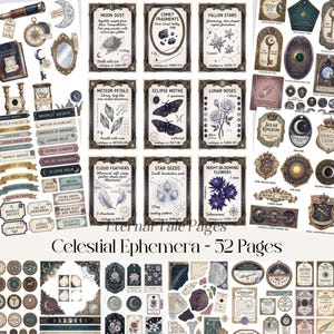 May include: A collection of celestial-themed ephemera, including cards with botanical illustrations, labels, and decorative elements. The set features botanical illustrations, celestial bodies, and text. The text on the image reads "Celestial Ephemera - 52 Pages."